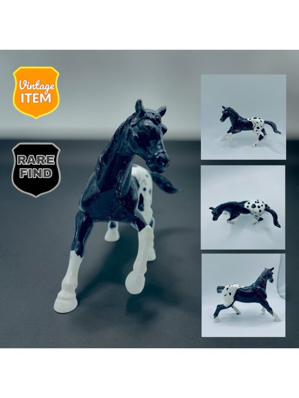 Vintage Plastic Dime Store Toy Horse Black and White with Black Spots. HTF RARE!